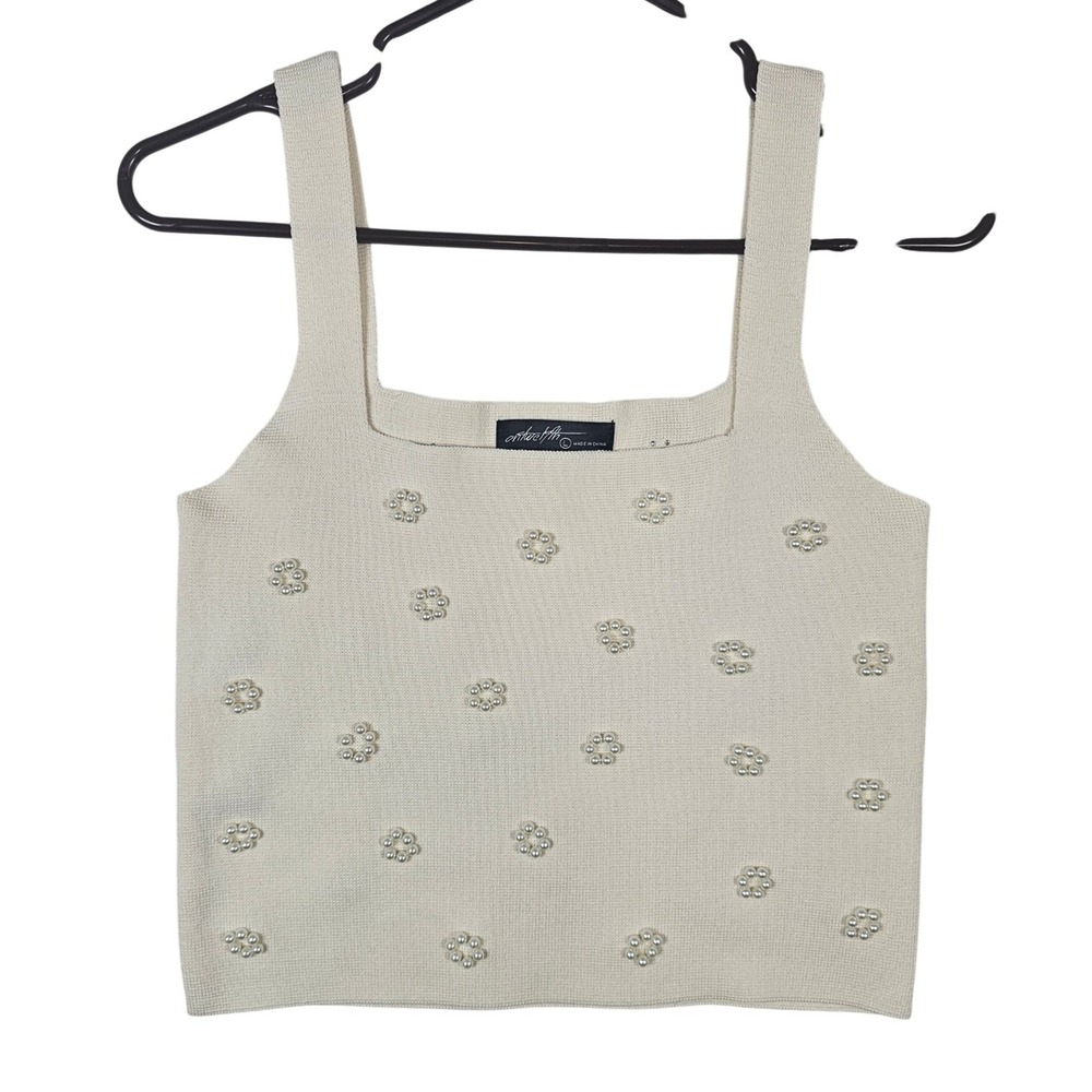 On Twelfth Cream Knit Crop Tank Top Faux Pearl Floral Embellished Square Neck L